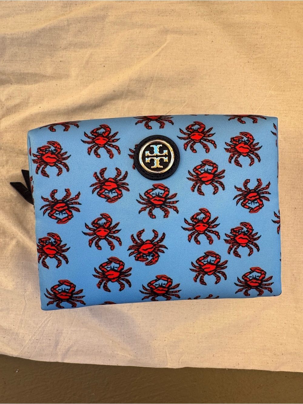 Tory Burch Light Blue Cosmetic Pouch with Red Crab Print